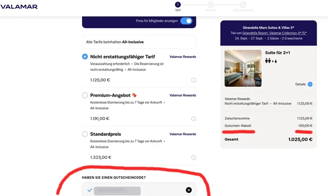 Erster Valamar Buchungsschritt Tarif mit markiertem Feld Haben Sie einen Gutscheincode