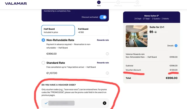 First Valamar booking step with the Do you have a voucher code field highlighted