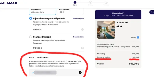 Prvi korak Valamar rezervacije s označenim poljem Imate li vaučer kod