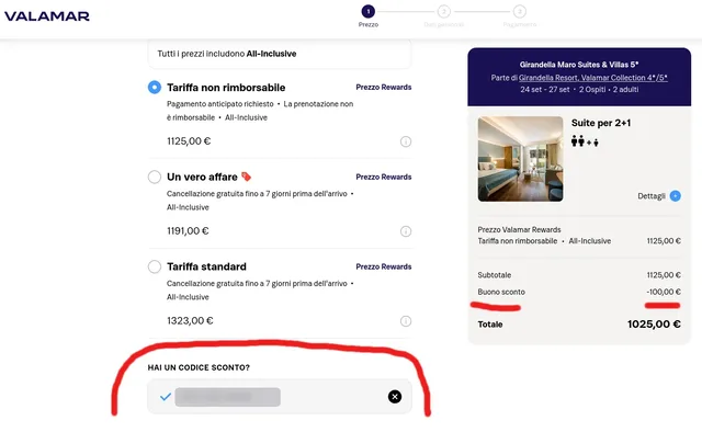 Esempio del campo per il codice voucher durante la prenotazione Valamar