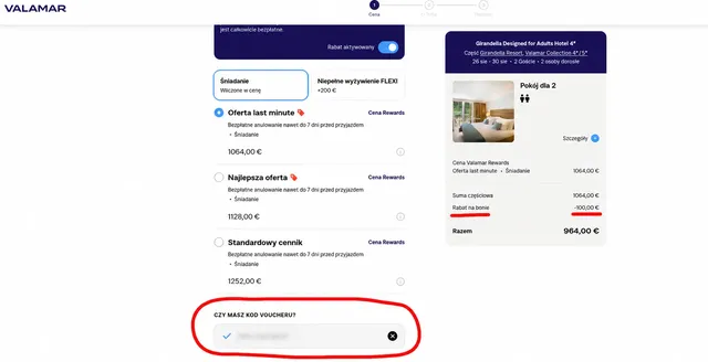 Pierwszy krok rezerwacji Valamar z zaznaczonym polem kodu bonu i rabatem 100 euro
